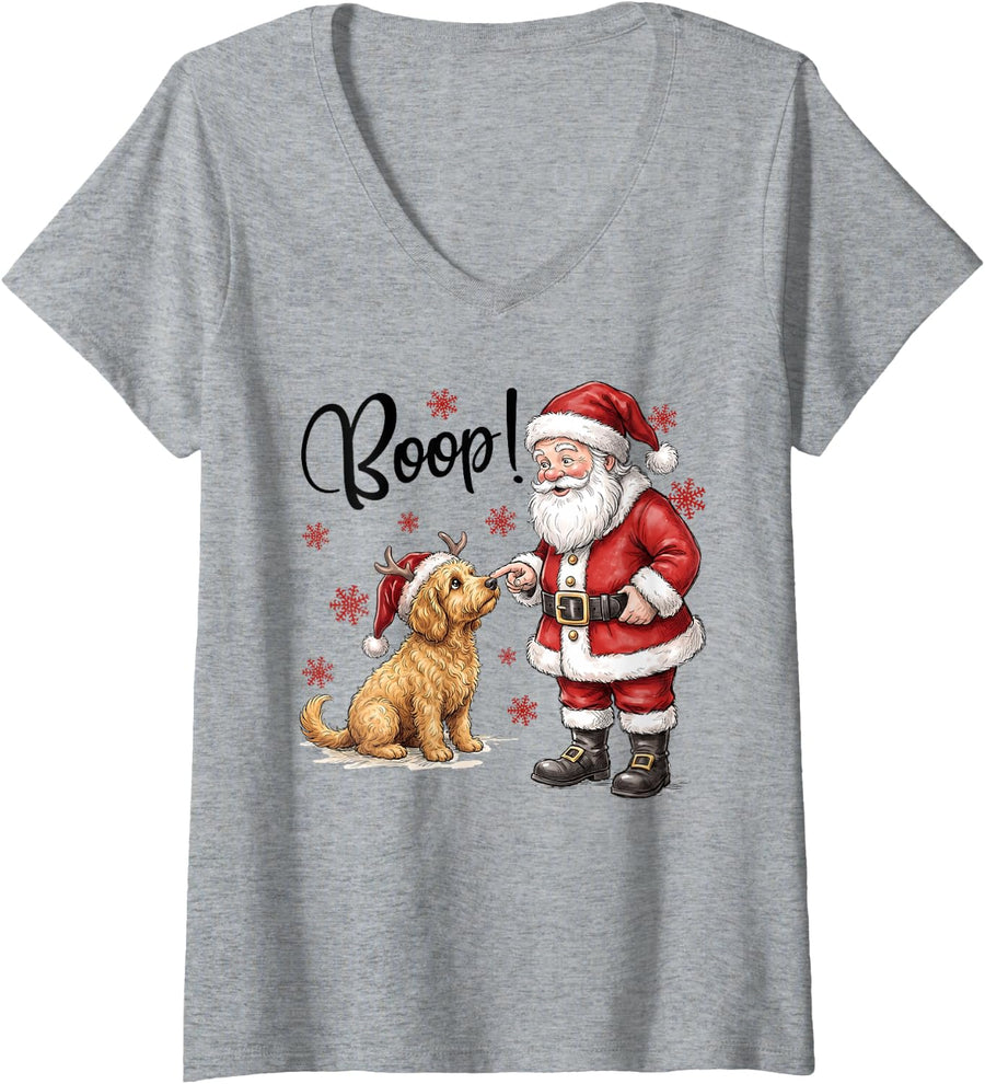 Women's Santa Boop Goldendoodle Dog Nose Funny Christmas Dog Lover V-Neck T-Shirt - Heather Grey
