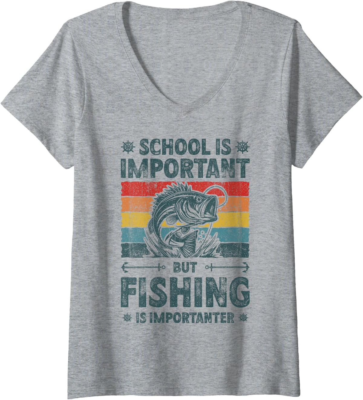 Women's School is Important But Fishing is Importanter Funny Fishing V-Neck T-Shirt - Heather Grey