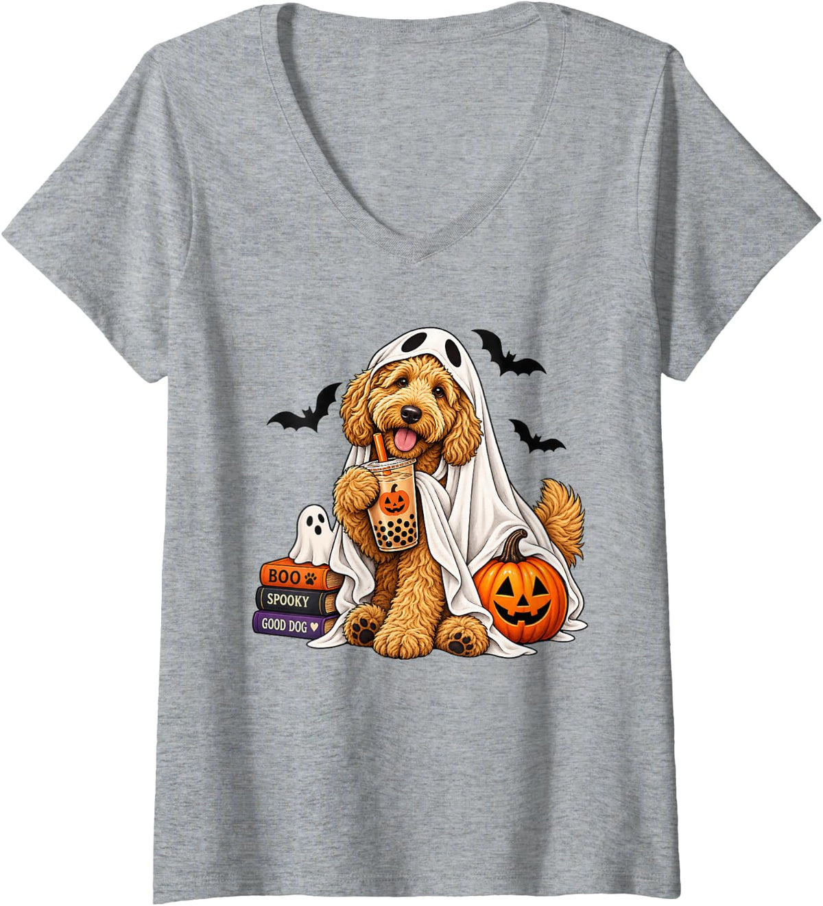 Women's Goldendoodle Ghost Boba Halloween Dog Pumpkin Spooky Costume V-Neck T-Shirt - Heather Grey