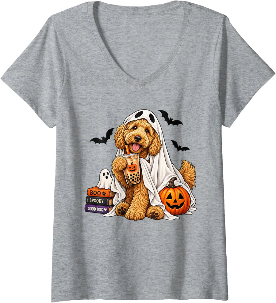 Women's Goldendoodle Ghost Boba Halloween Dog Pumpkin Spooky Costume V-Neck T-Shirt - Heather Grey