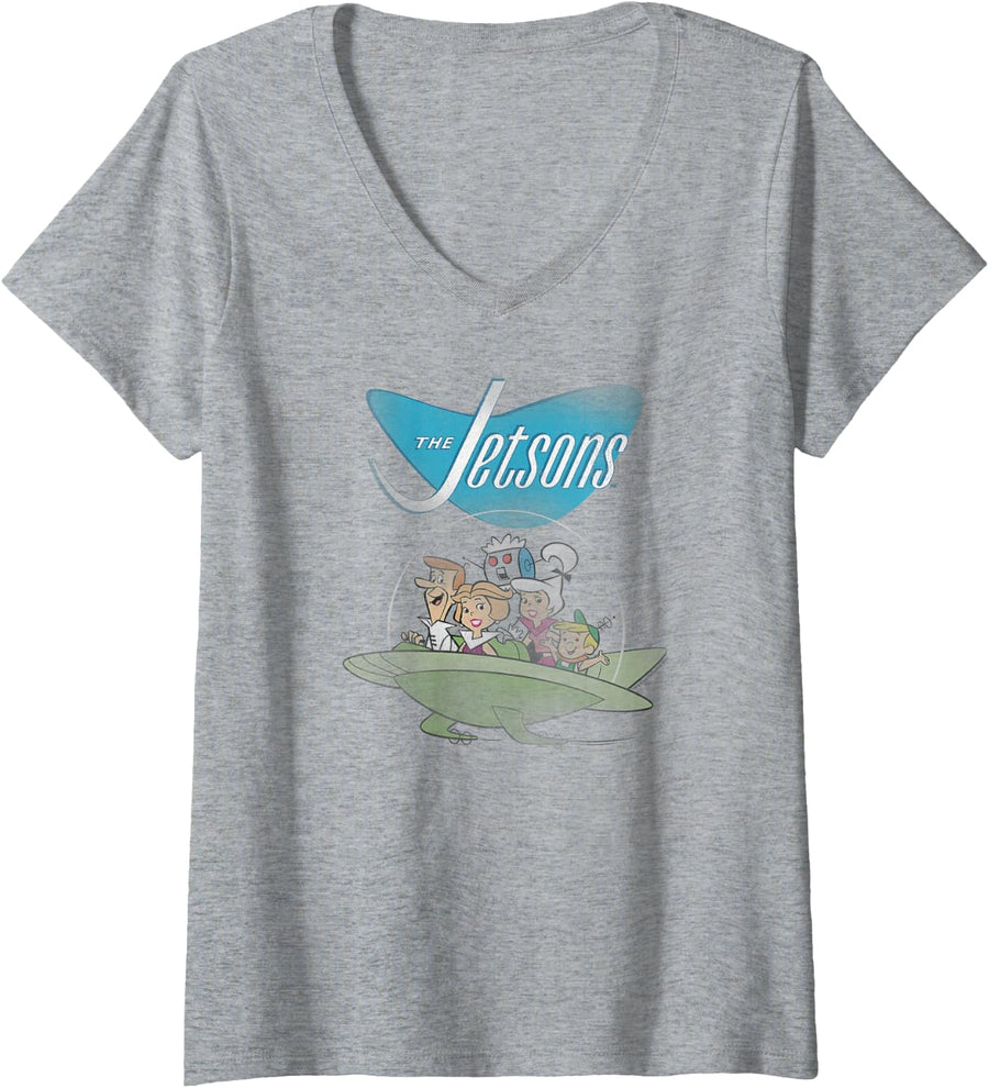 Womens The Jetsons Ship V-Neck T-Shirt - Heather Grey