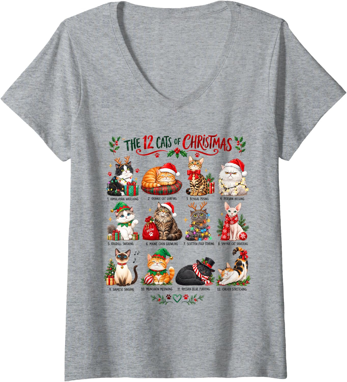 Women's Cute Christmas Cat Lover 12 Festive Kitties Mom Dad Holiday V-Neck T-Shirt - Heather Grey