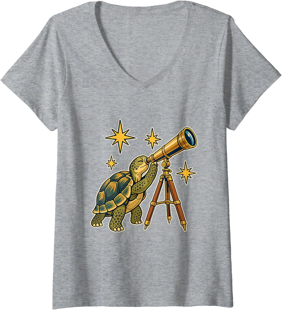 Women's Telescope Tortoise Stargazing Astronomy Animal Design V-Neck T-Shirt - Heather Grey
