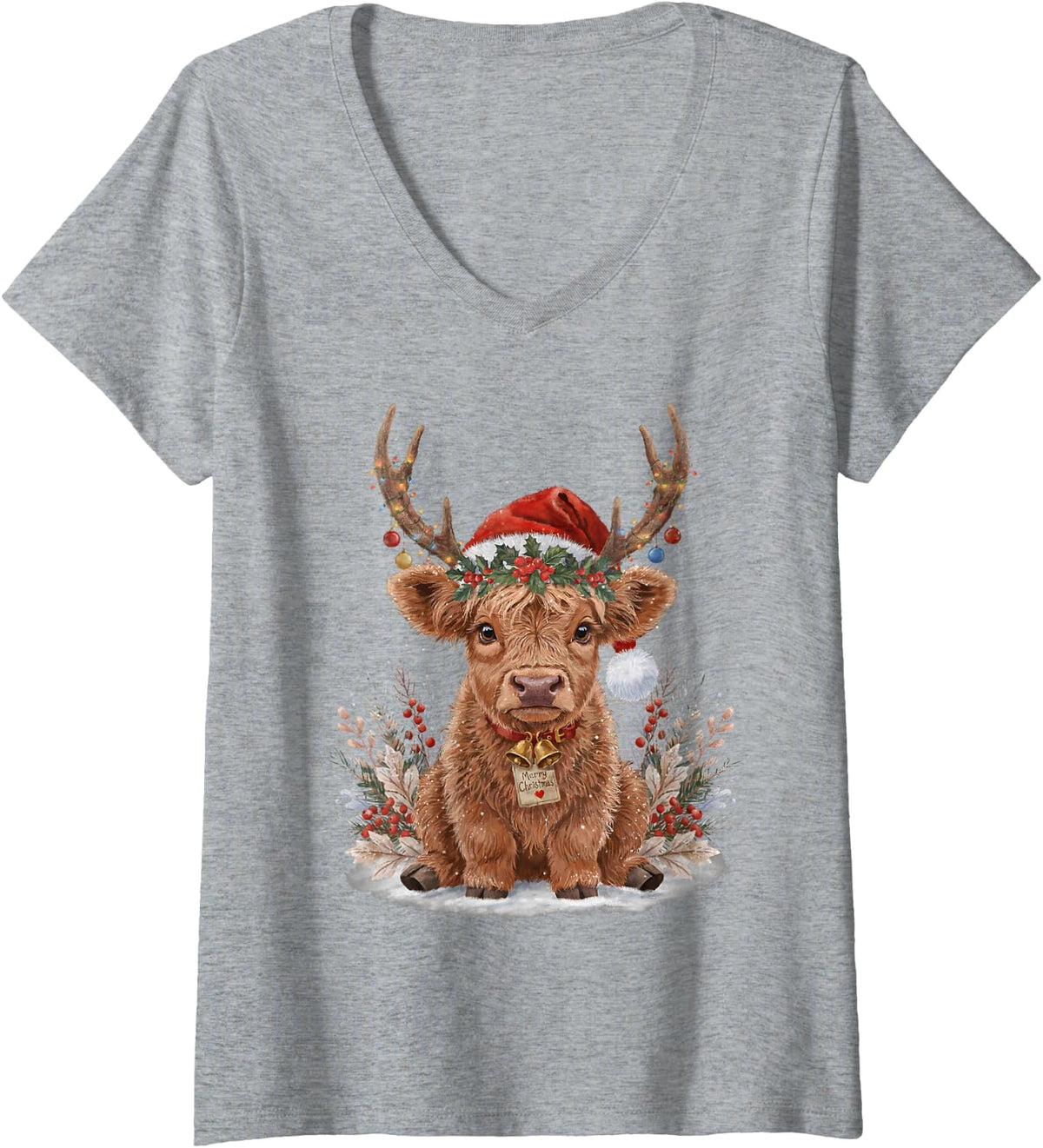 Women's Merry Christmas Highland Cow Lover Santa Holiday V-Neck T-Shirt - Heather Grey