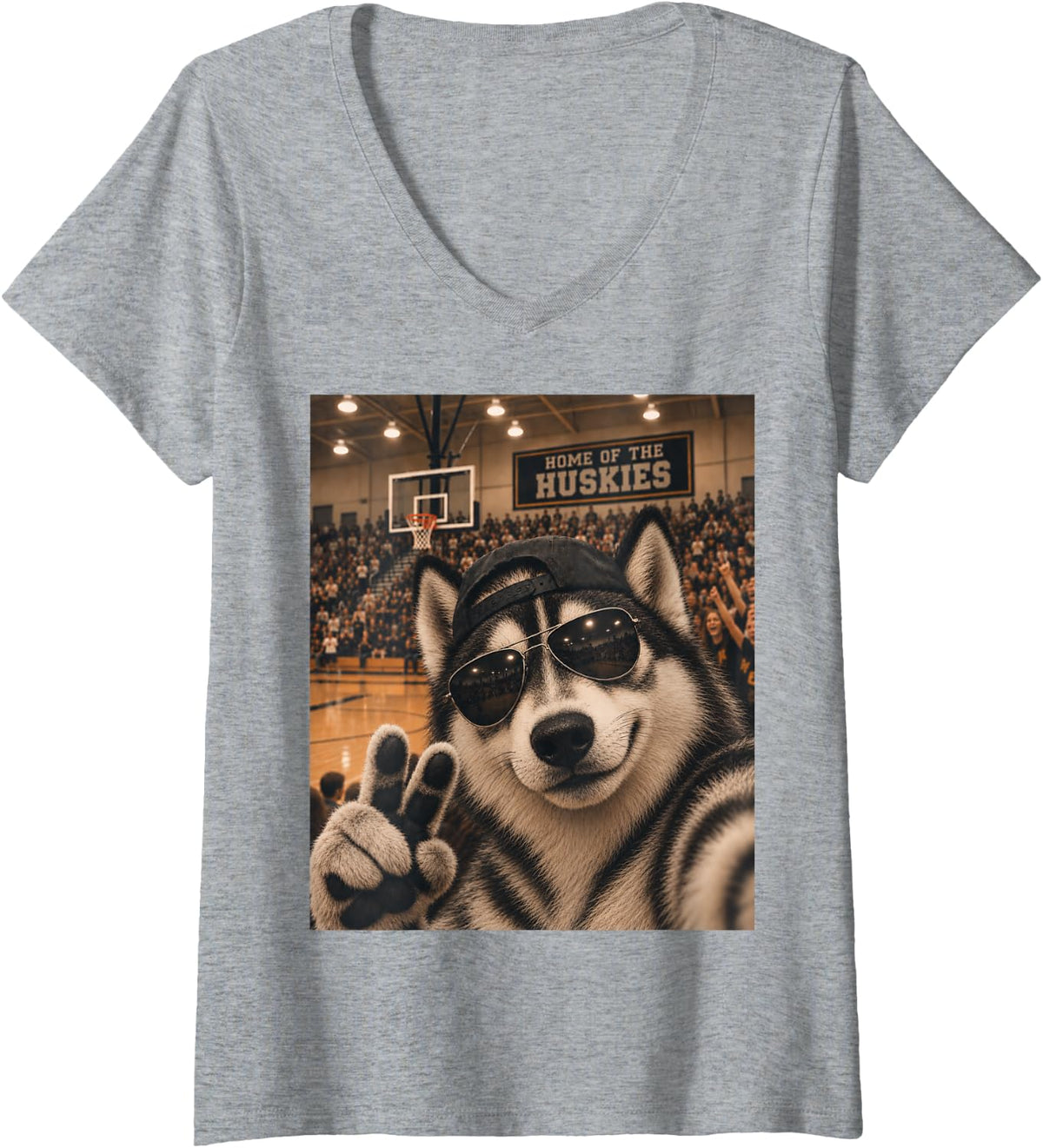 Women's Husky Selfie Funny Basketball Vintage Game Day Cool Mascot V-Neck T-Shirt - Heather Grey