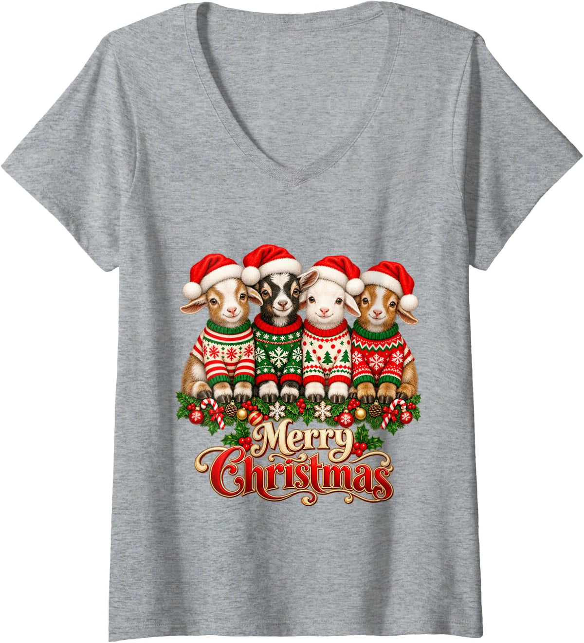 Women's Merry Christmas Goat Santa Hat Holiday Animal Lover V-Neck T-Shirt - Heather Grey