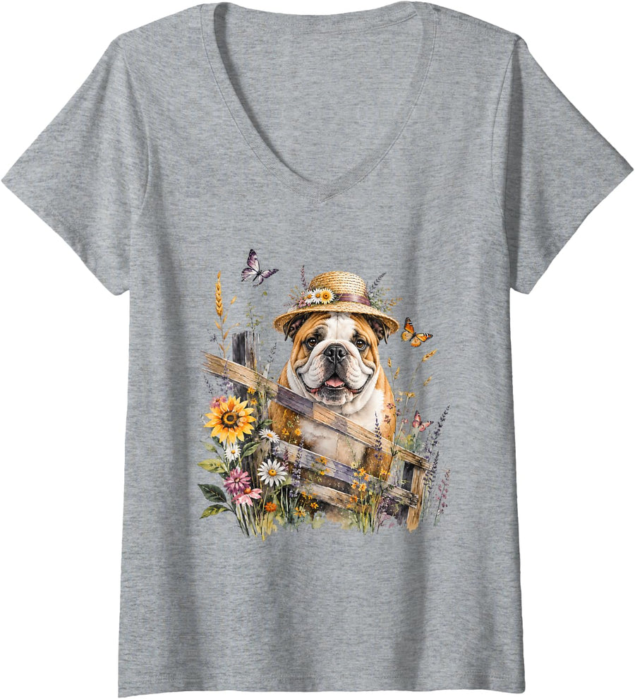 Women's Cool Bulldog Riding Beautiful Floral Bulldog Graphic V-Neck T-Shirt - Heather Grey