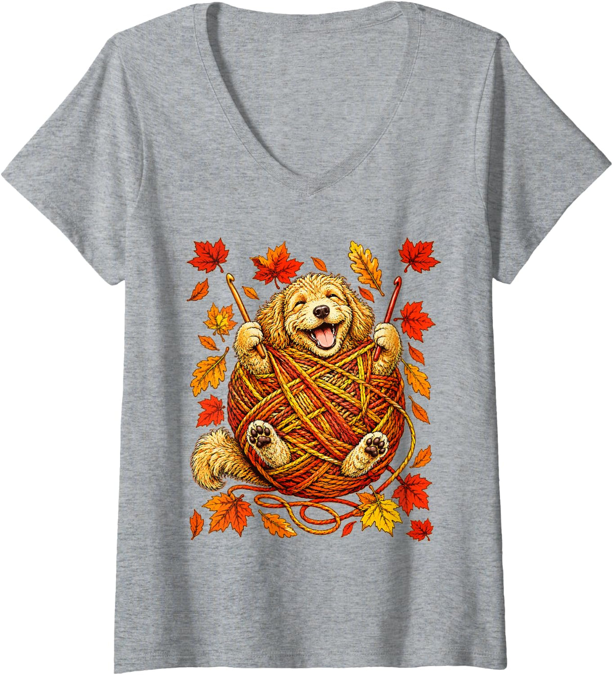 Women's Funny Goldendoodle Knitter Cozy Autumn Dog Crocheter Fall V-Neck T-Shirt - Heather Grey