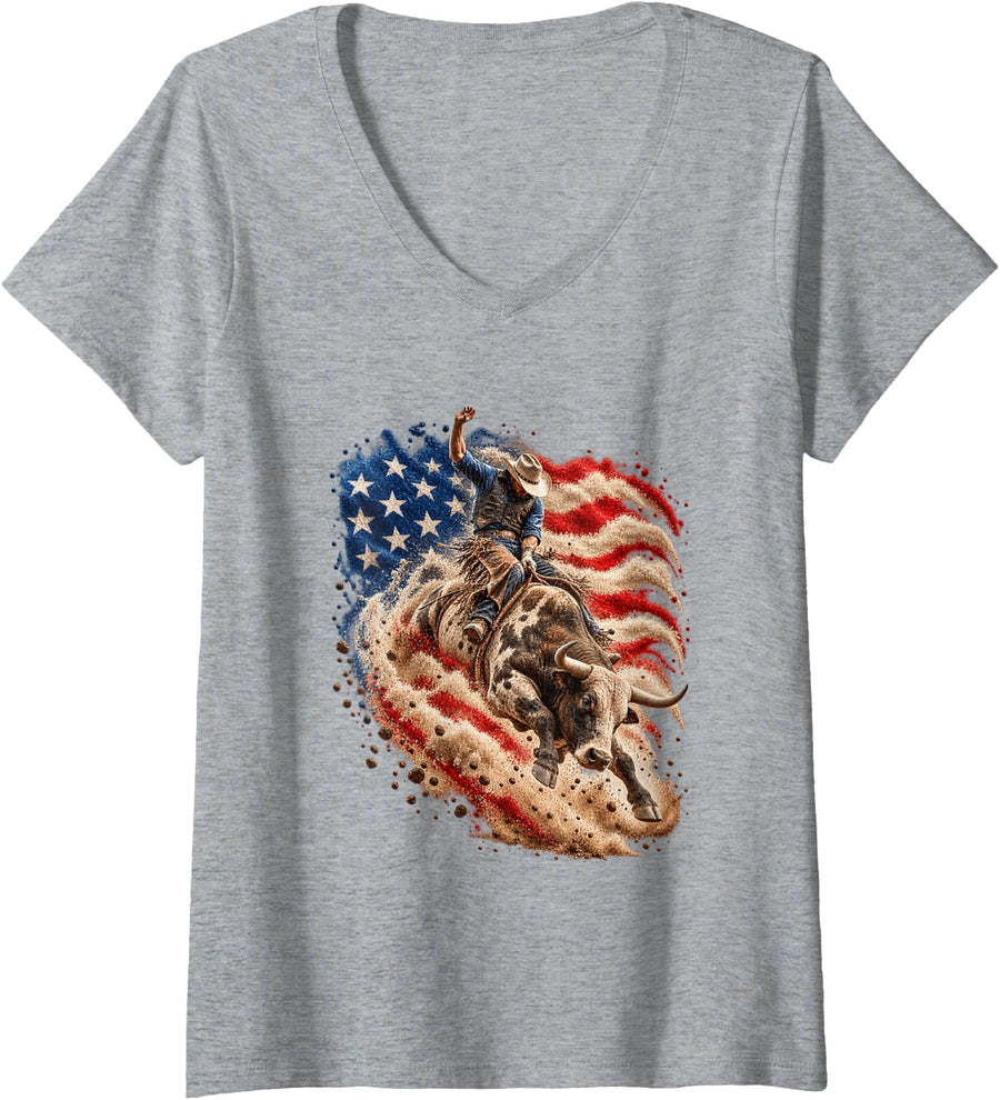 Women's American Rodeo Riding Bull Retro USA Vintage Souvenir USA V-Neck T-Shirt - Heather Grey