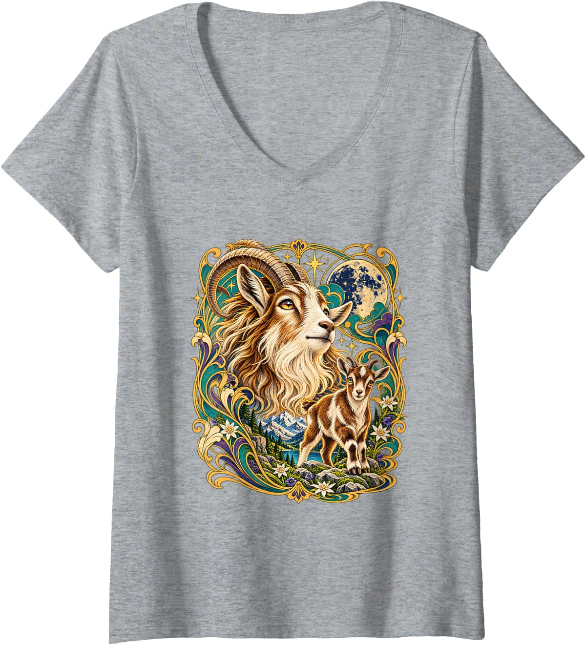 Women's Art Nouveau Mountain Goat and Kid Full Moon Nature Landscape V-Neck T-Shirt - Heather Grey