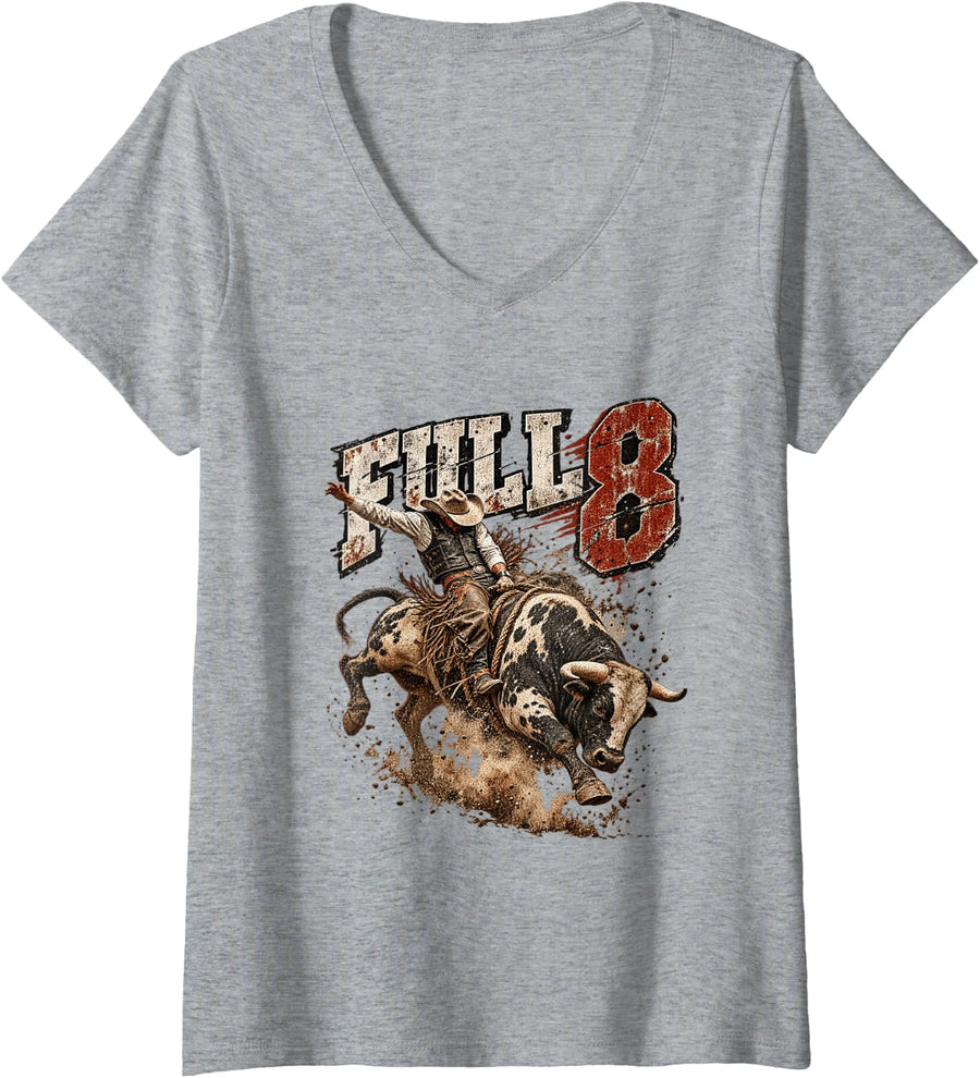 Women's American Rodeo Riding Bull Retro USA Vintage Souvenir Full 8 V-Neck T-Shirt - Heather Grey