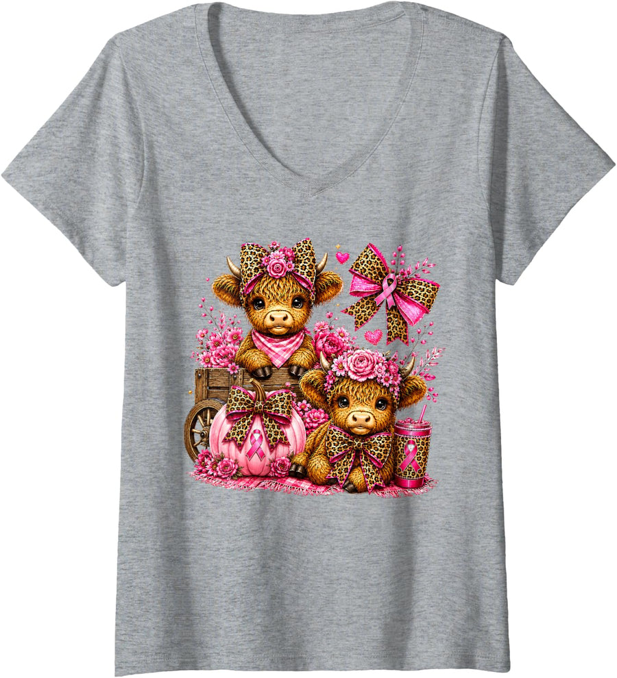 Women's Pink Ribbon Floral Highland Cow Leopard Bow Pumpkin Season V-Neck T-Shirt - Heather Grey