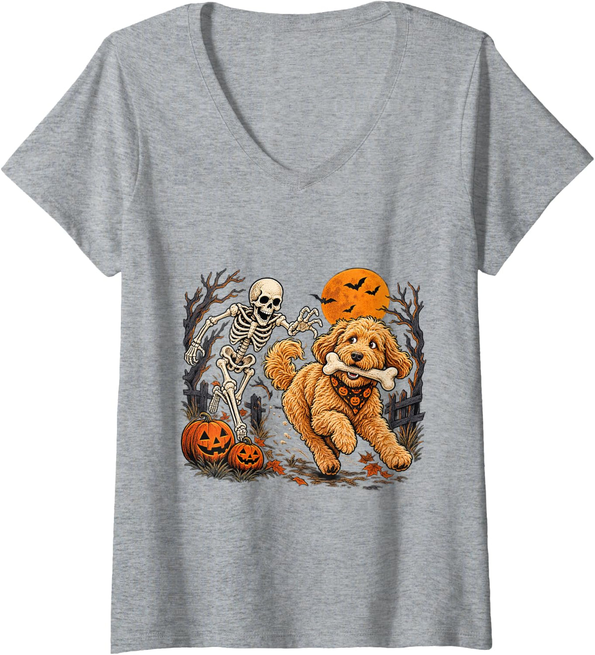 Women's Funny Goldendoodle Dog Stealing Bone from Skeleton Halloween V-Neck T-Shirt - Heather Grey