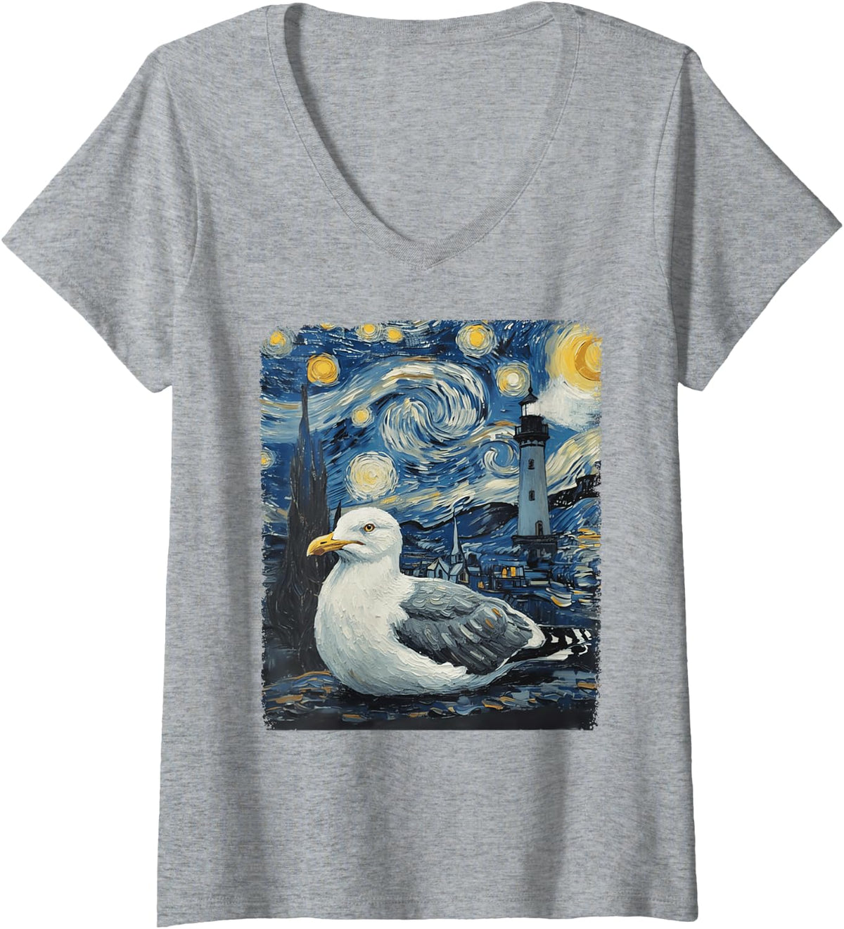 Women's Starry Night Van Gogh Seagull with Lighthouse Coast V-Neck T-Shirt - Heather Grey