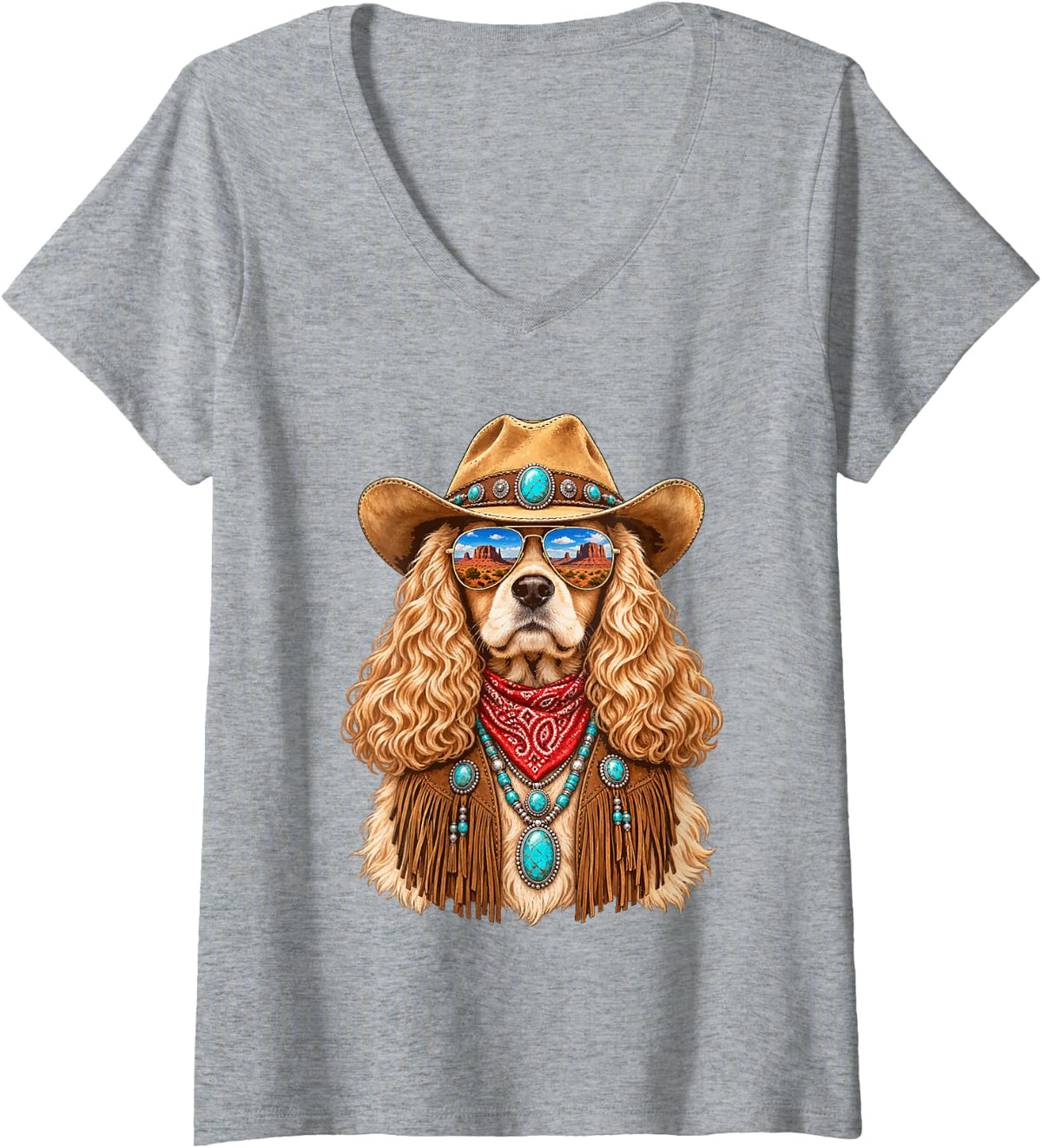 Women's Glam Cocker Spaniel with Sunglasses Cowboy Hat Western Boho V-Neck T-Shirt - Heather Grey