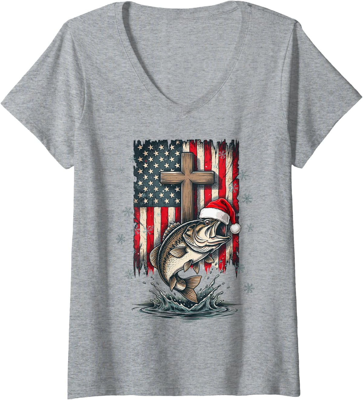 Women's Patriotic Christian Cross Fishing Christmas Bass V-Neck T-Shirt - Heather Grey