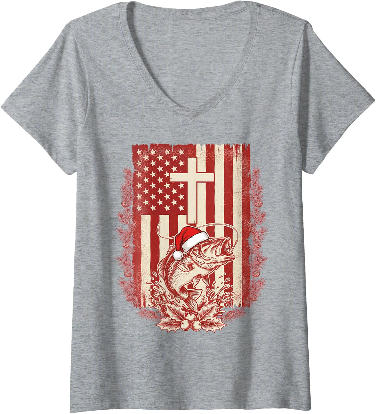 Women's Patriotic Christian Christmas Angler Bass US Flag V-Neck T-Shirt - Heather Grey