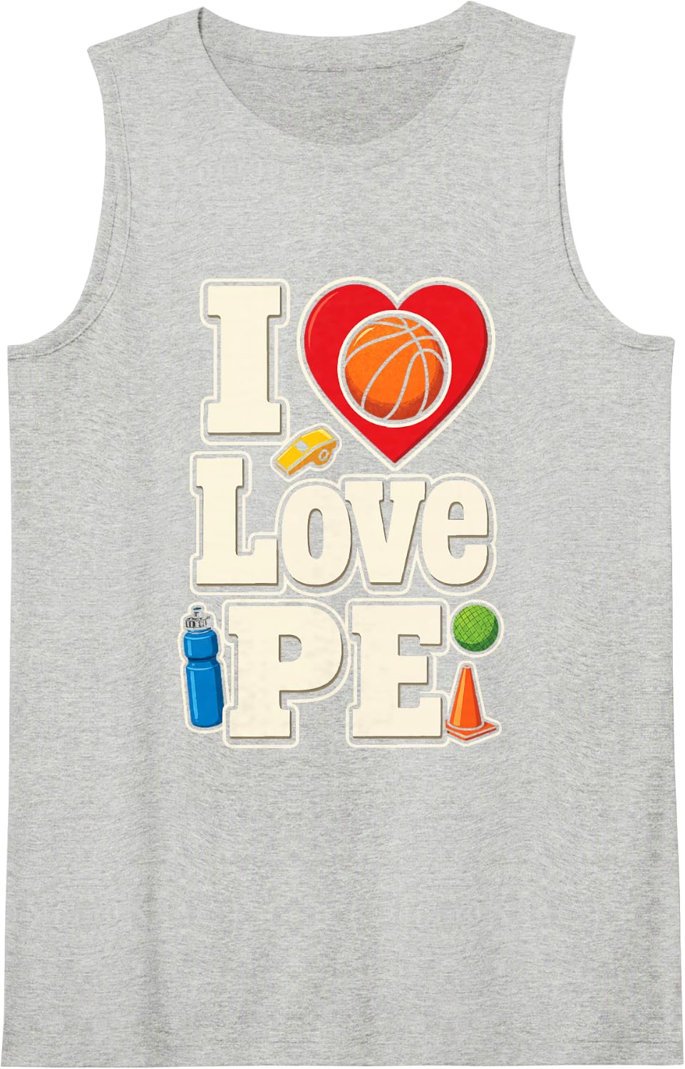 PE Teacher I Love Physical Education Gym Class Whistle Sleeveless Tank Top - Heather Grey