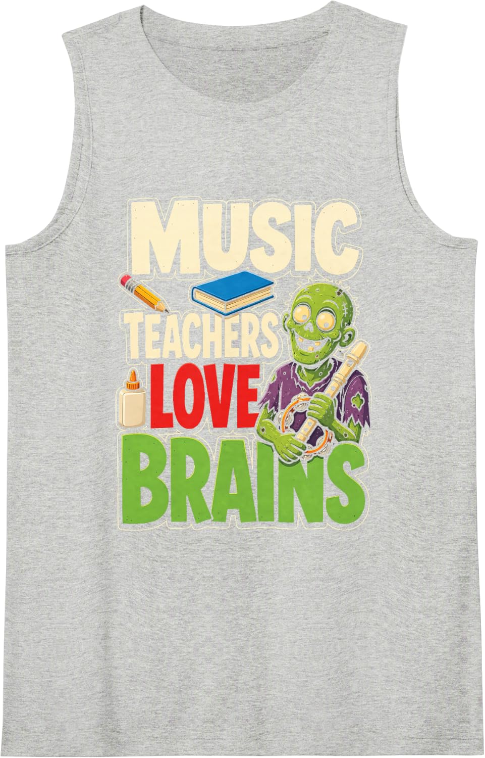 Music Teacher Love Brains Zombie Elementary Recorder Gift Sleeveless Tank Top - Heather Grey