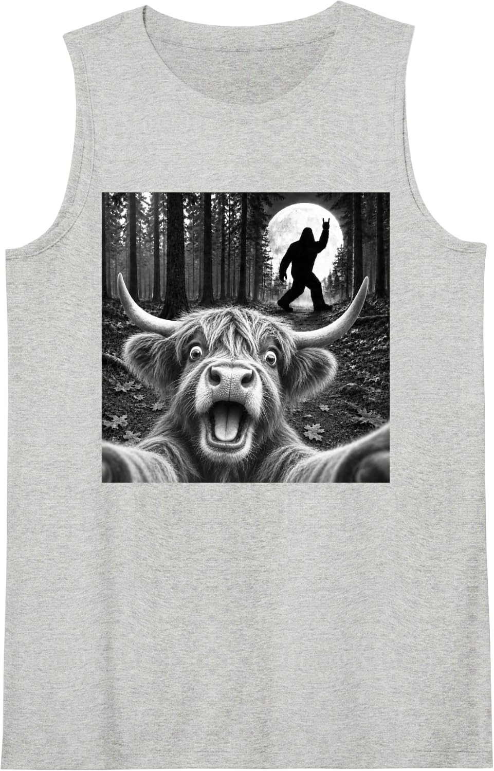 Highland Cow Selfie with Bigfoot Rock and Roll Sasquatch Sleeveless Tank Top - Heather Grey