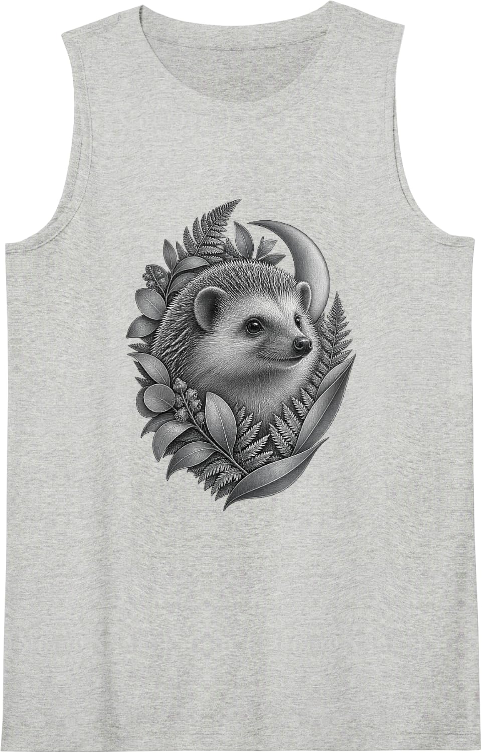 Hedgehog with Crescent Moon Ferns and Eucalyptus Leaves Sleeveless Tank Top - Heather Grey