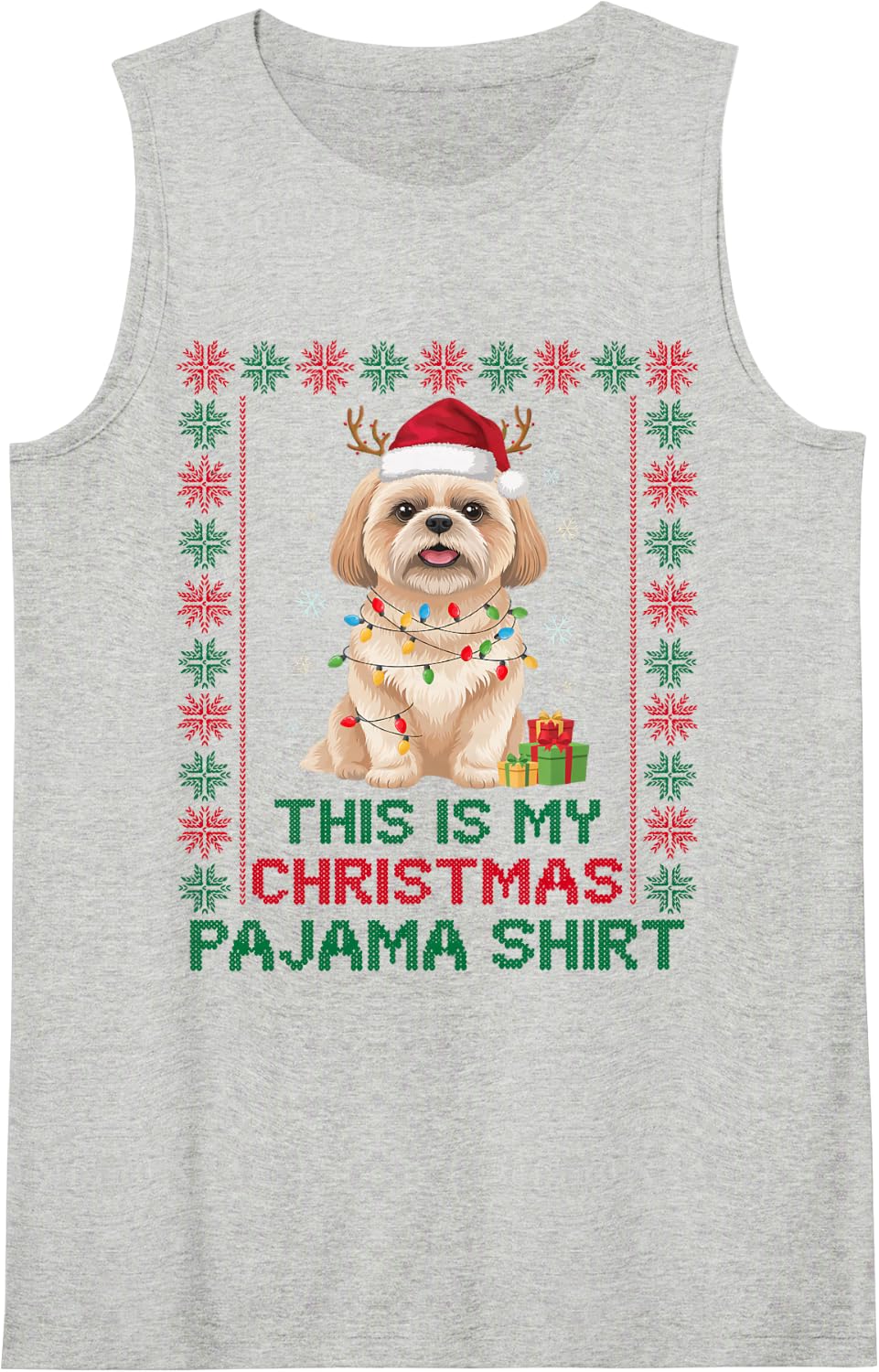 Cute Funny Shih Tzu Christmas Pajama Santa Dog Mom Dad Lover Sleeveless Tank Top - Heather Grey