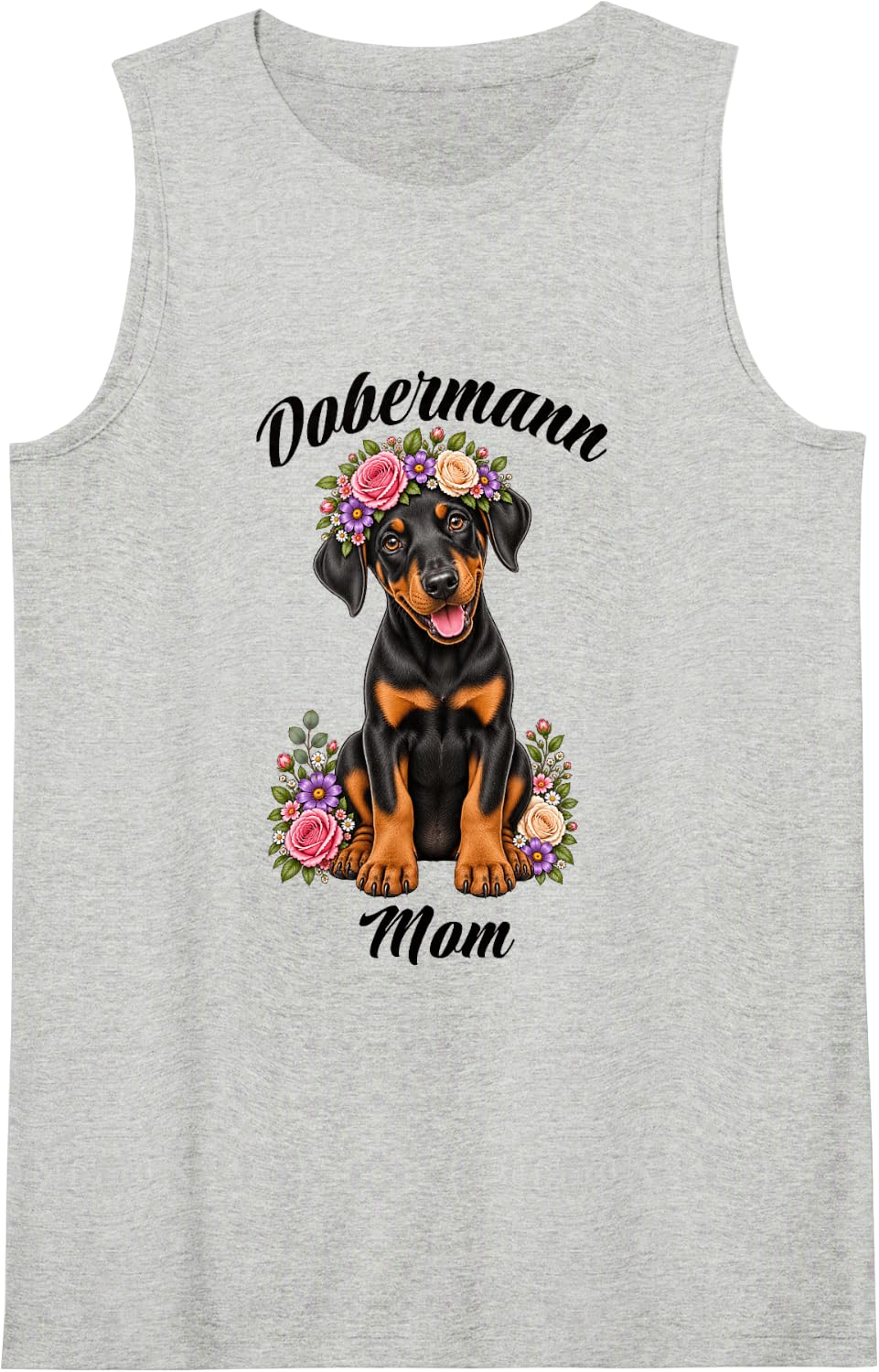 Dobermann Mom Cute Floral Puppy Crown Flowers Sleeveless Tank Top - Heather Grey