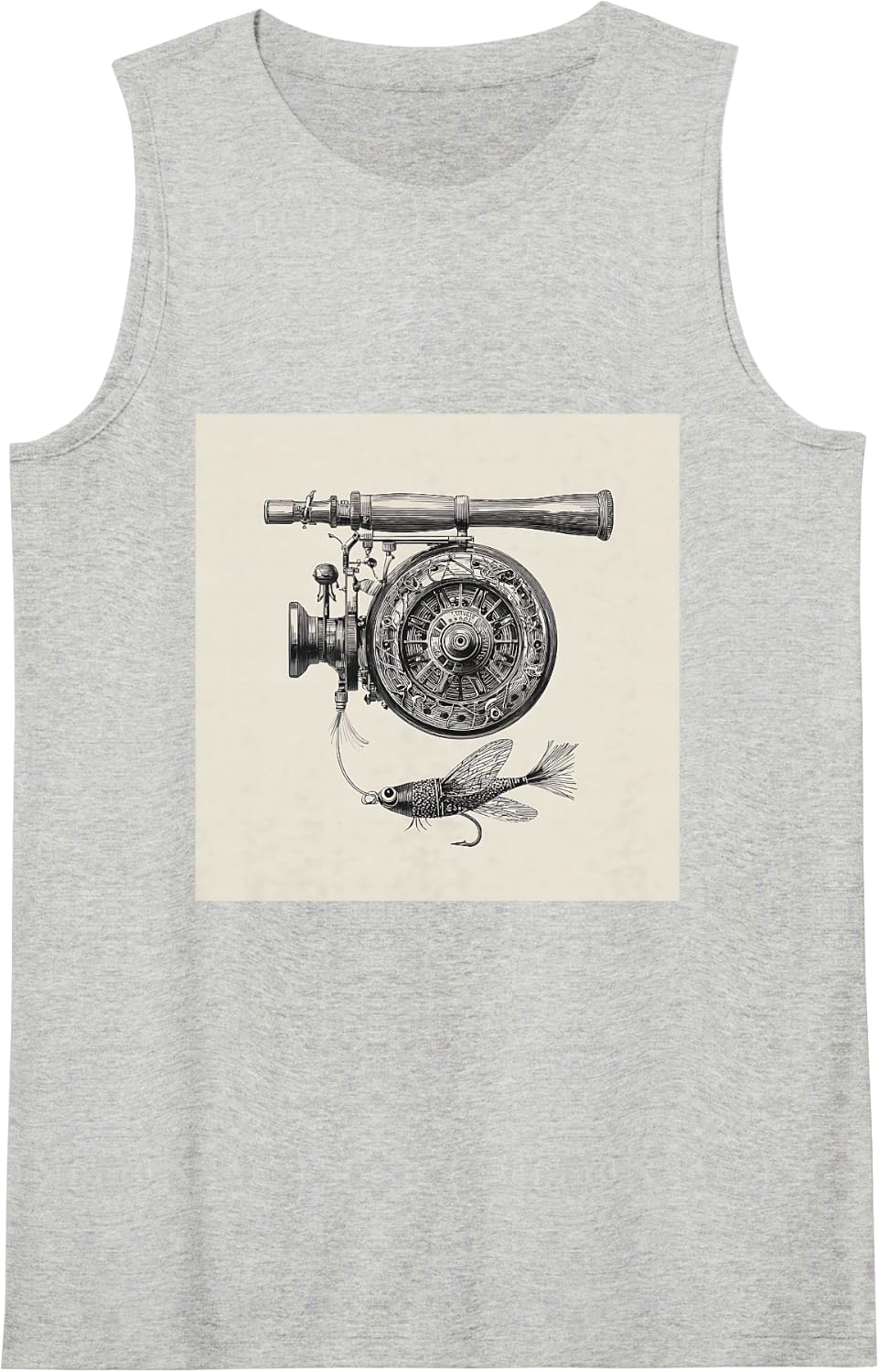 Vintage Fishing Reel Fly Fishing Rod Patent Illustration Sleeveless Tank Top - Heather Grey