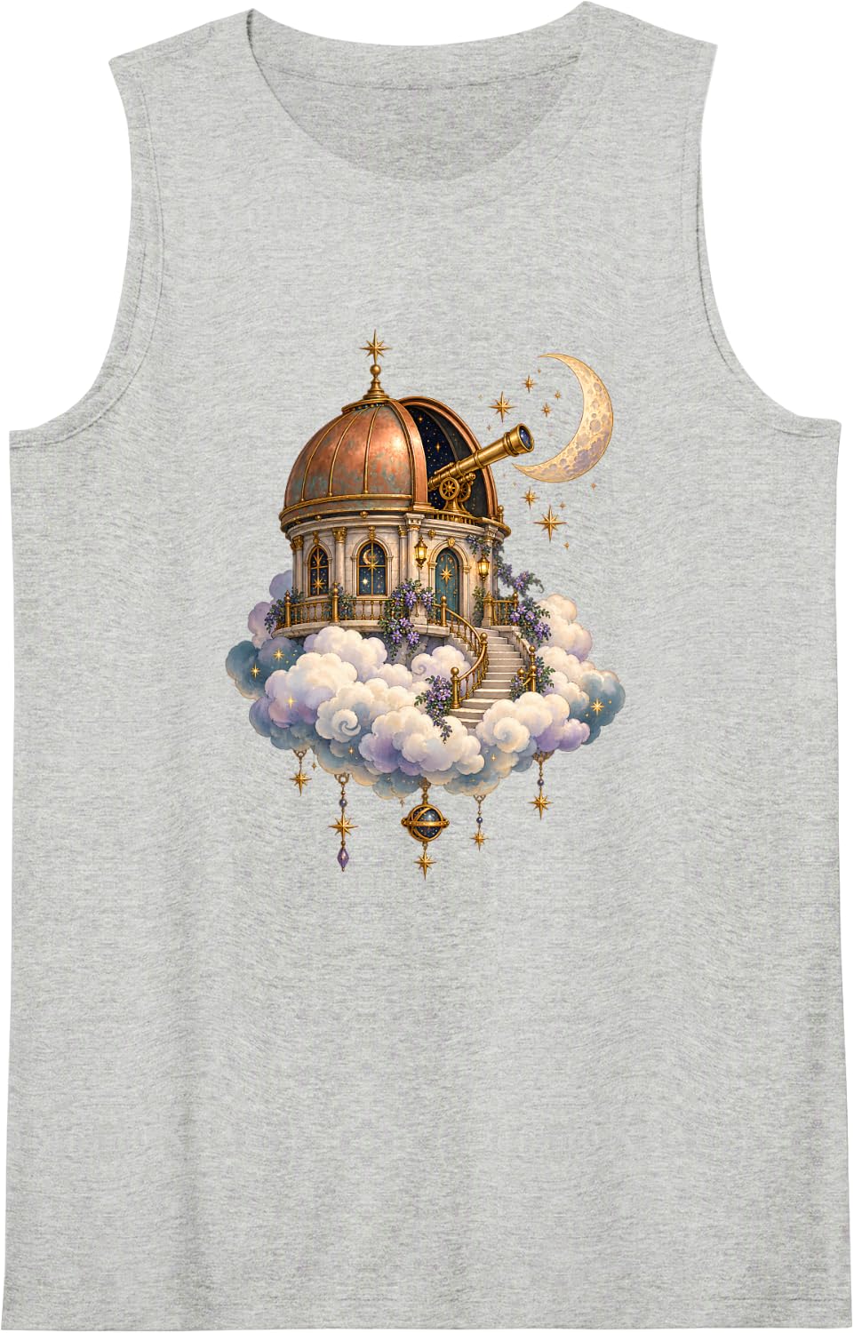 Cloud Observatory Telescope Moon Galaxy Fantasy Art Sleeveless Tank Top - Heather Grey