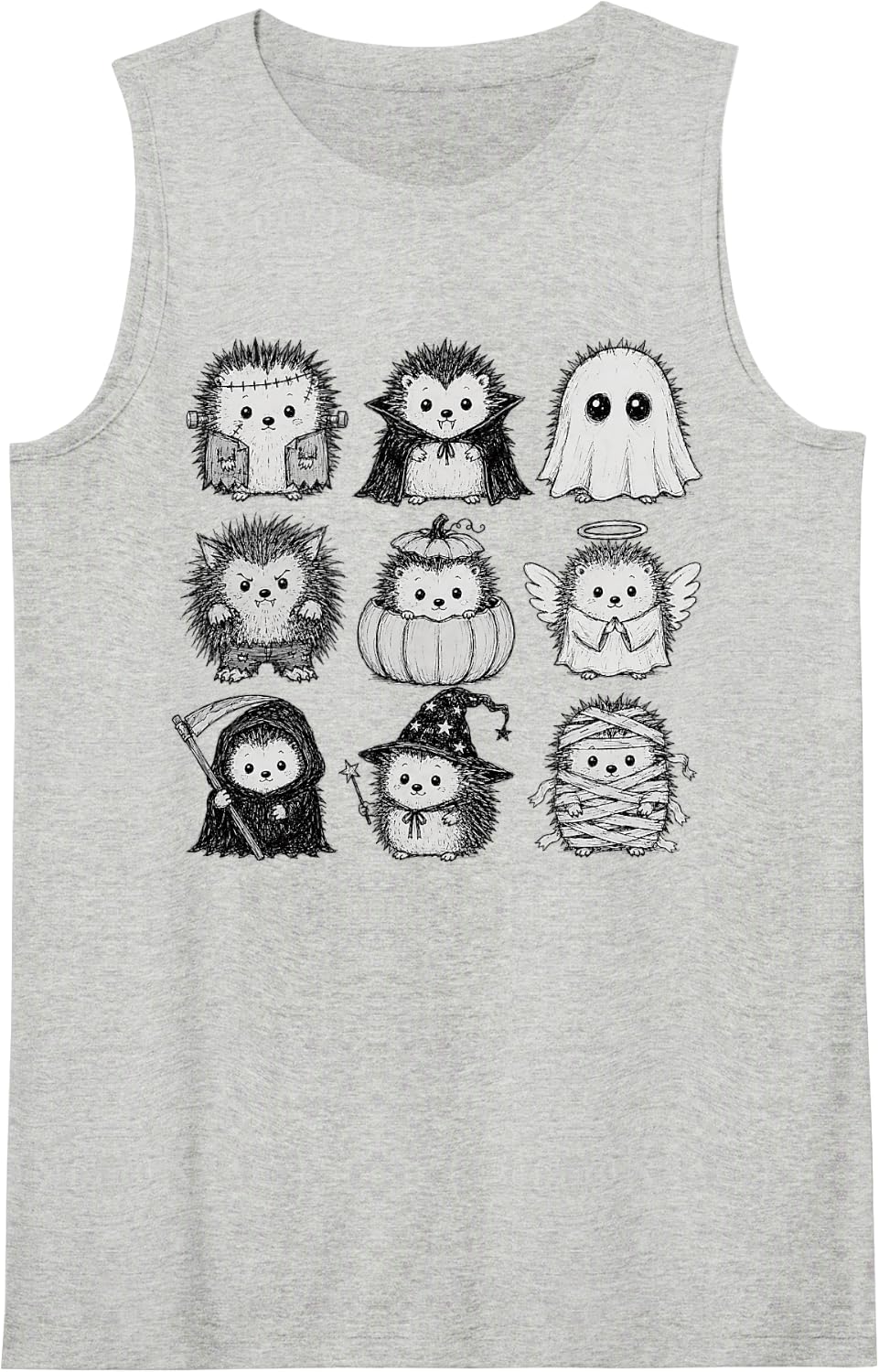 Cute Halloween Hedgehog Doodle Spooky Skeleton Pumpkin Sleeveless Tank Top - Heather Grey