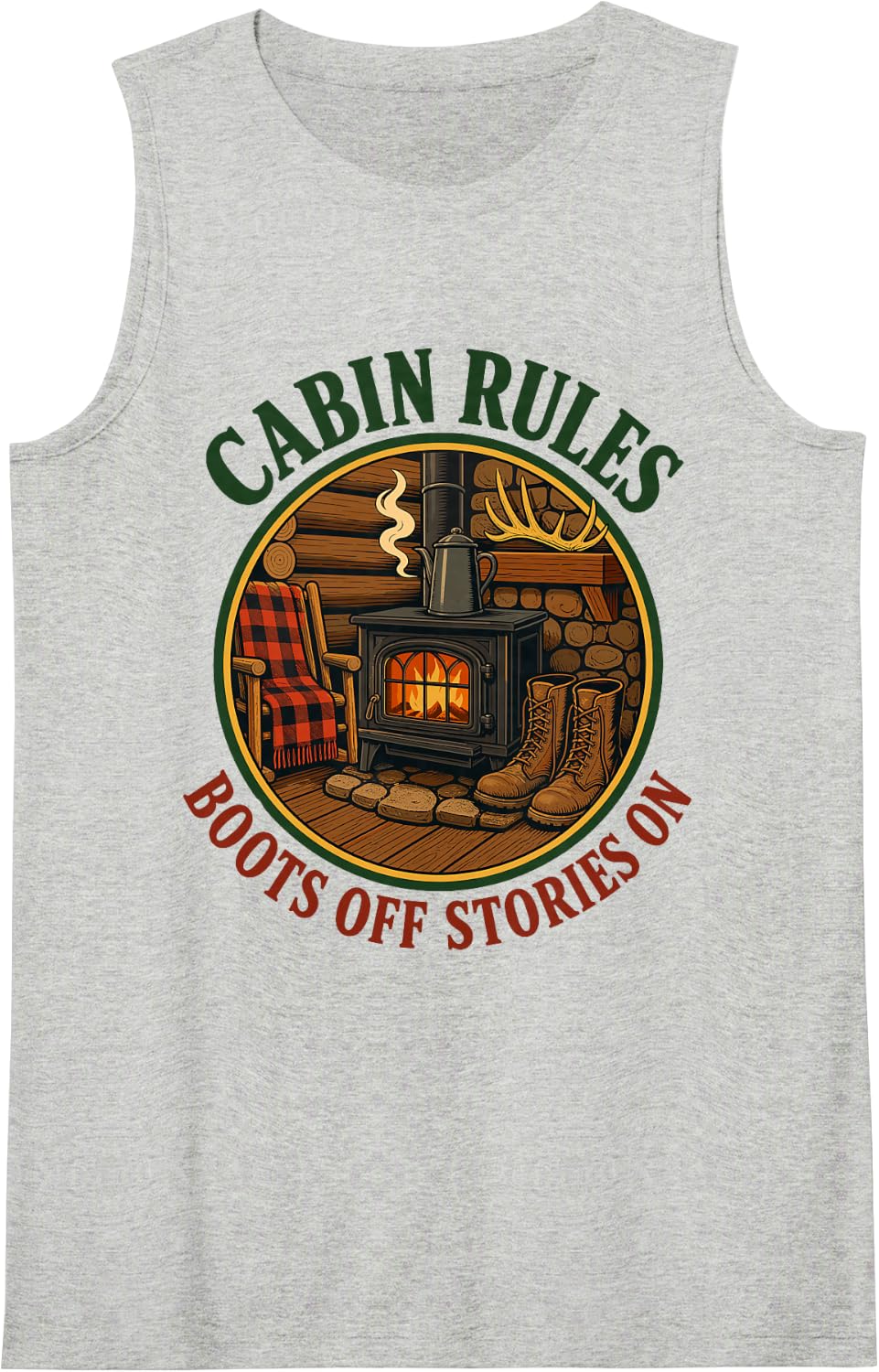 Cabin Rules Boots Off Stories on Deer Hunting Camp Sleeveless Tank Top - Heather Grey