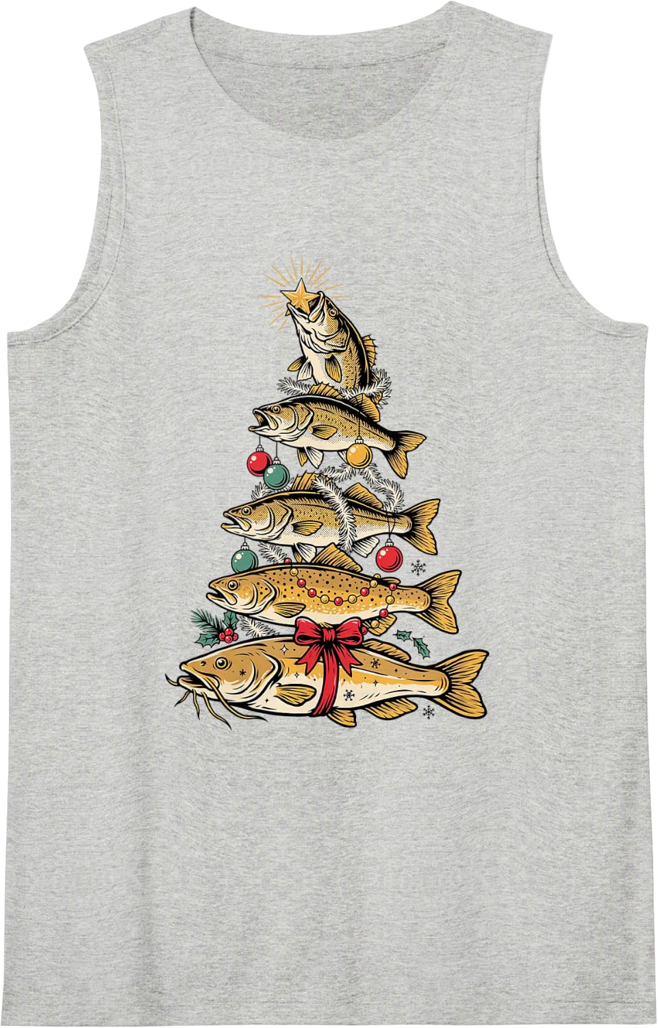 Fish Christmas Tree Vintage Xmas Fishing Angler Sleeveless Tank Top - Heather Grey