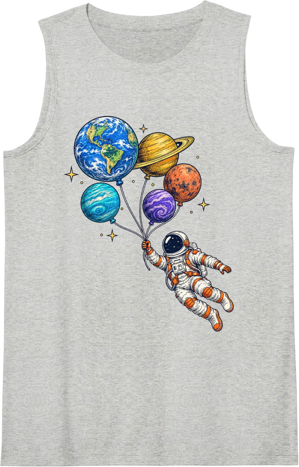 Cute Astronaut Holding Space Kitten and Solar System Balloon Sleeveless Tank Top - Heather Grey