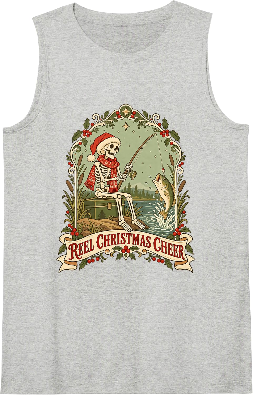 Reel Christmas Cheer Skeleton Fishing Funny Angler Holiday Sleeveless Tank Top - Heather Grey