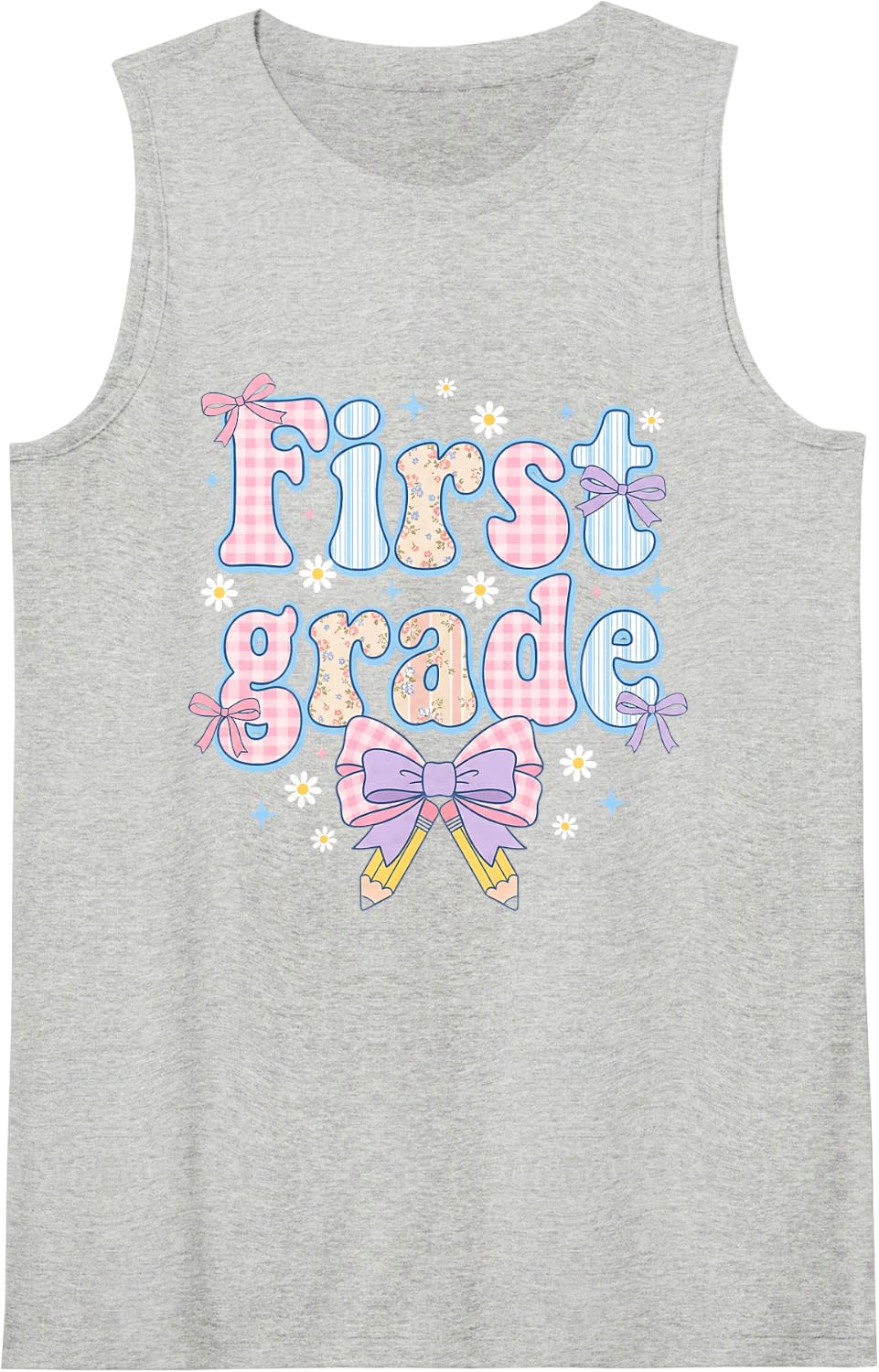 First Grade Back to School Cute Bow Daisy Girls Student Sleeveless Tank Top - Heather Grey