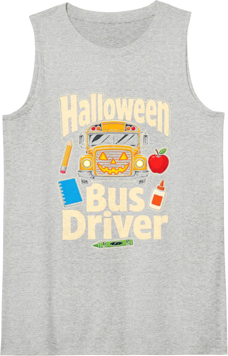 School Bus Driver Halloween Elementary Jack O Lantern Sleeveless Tank Top - Heather Grey