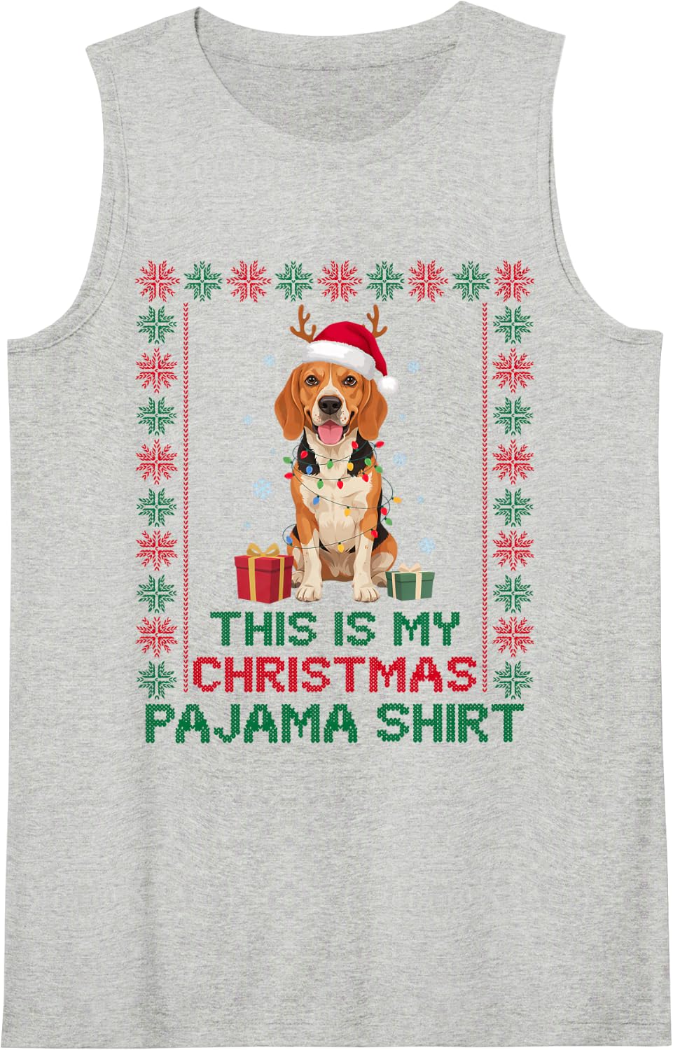 Funny Festive Beagle Reindeer Santa Lights Dog Mom Dad Lover Sleeveless Tank Top - Heather Grey