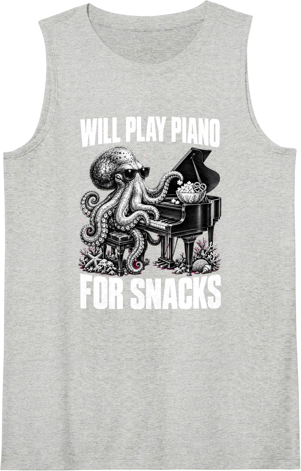 Will Play Piano for Snacks Funny Pianist Octopus Sleeveless Tank Top - Heather Grey