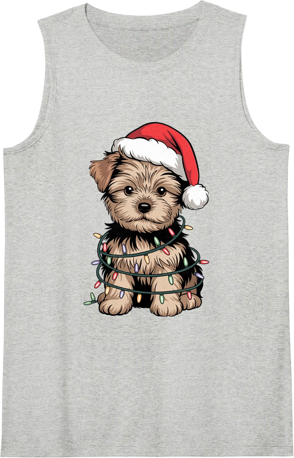 Festive Cute Yorkie Puppy Christmas Lights Dog Mom Dad Lover Sleeveless Tank Top - Heather Grey