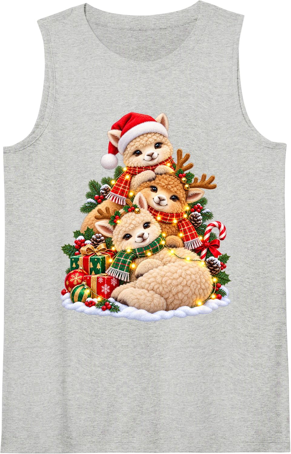 Cheerful Alpaca Holiday Animal Lover Graphic Sleeveless Tank Top - Heather Grey