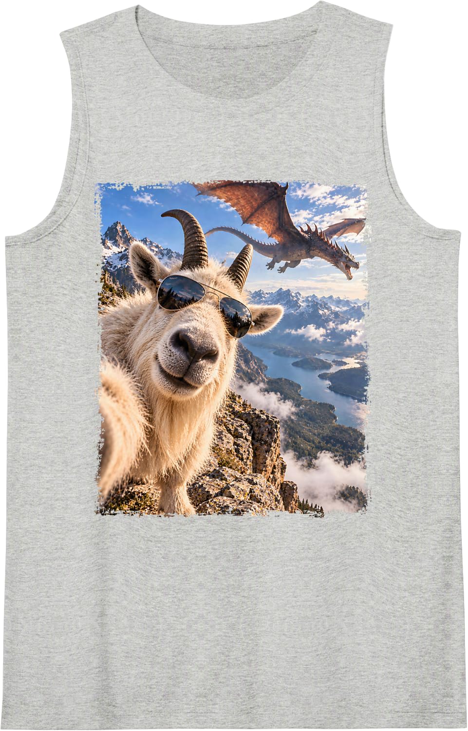 Mountain Goat Selfie with Dragon Sleeveless Tank Top - Heather Grey