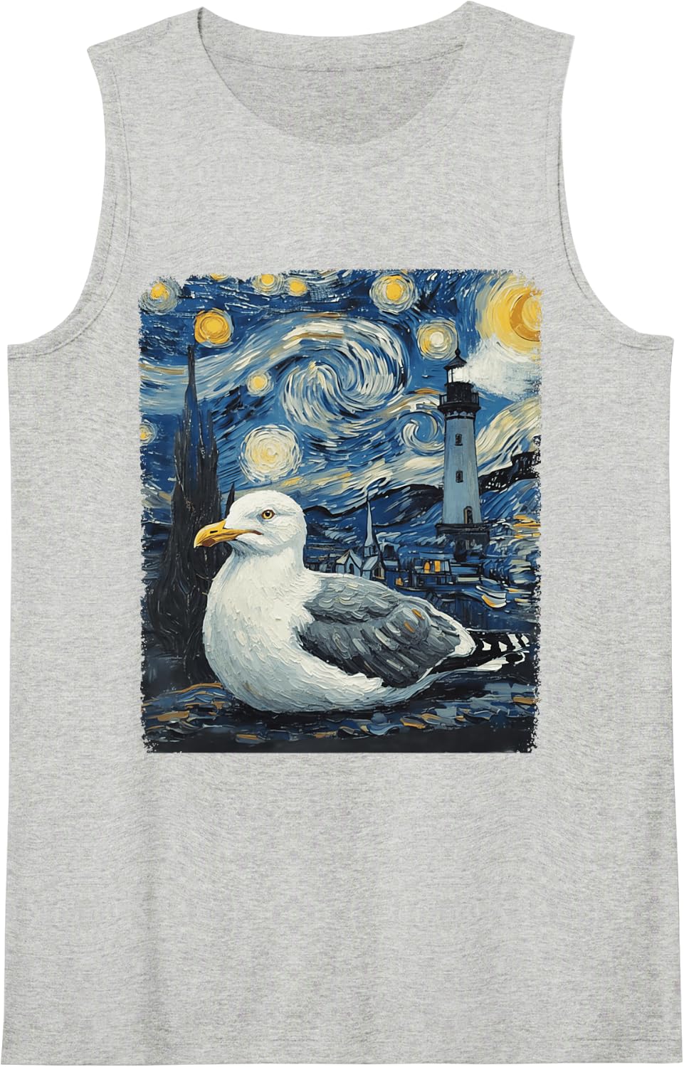 Starry Night Van Gogh Seagull with Lighthouse Coast Sleeveless Tank Top - Heather Grey