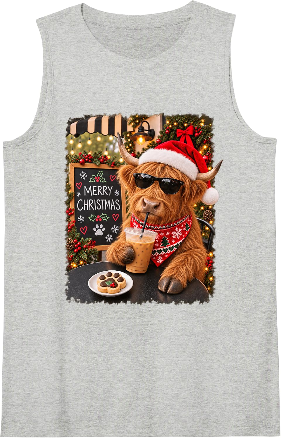 Merry Christmas Chill Highland Cow Coffee Santa Hat Holiday Sleeveless Tank Top - Heather Grey