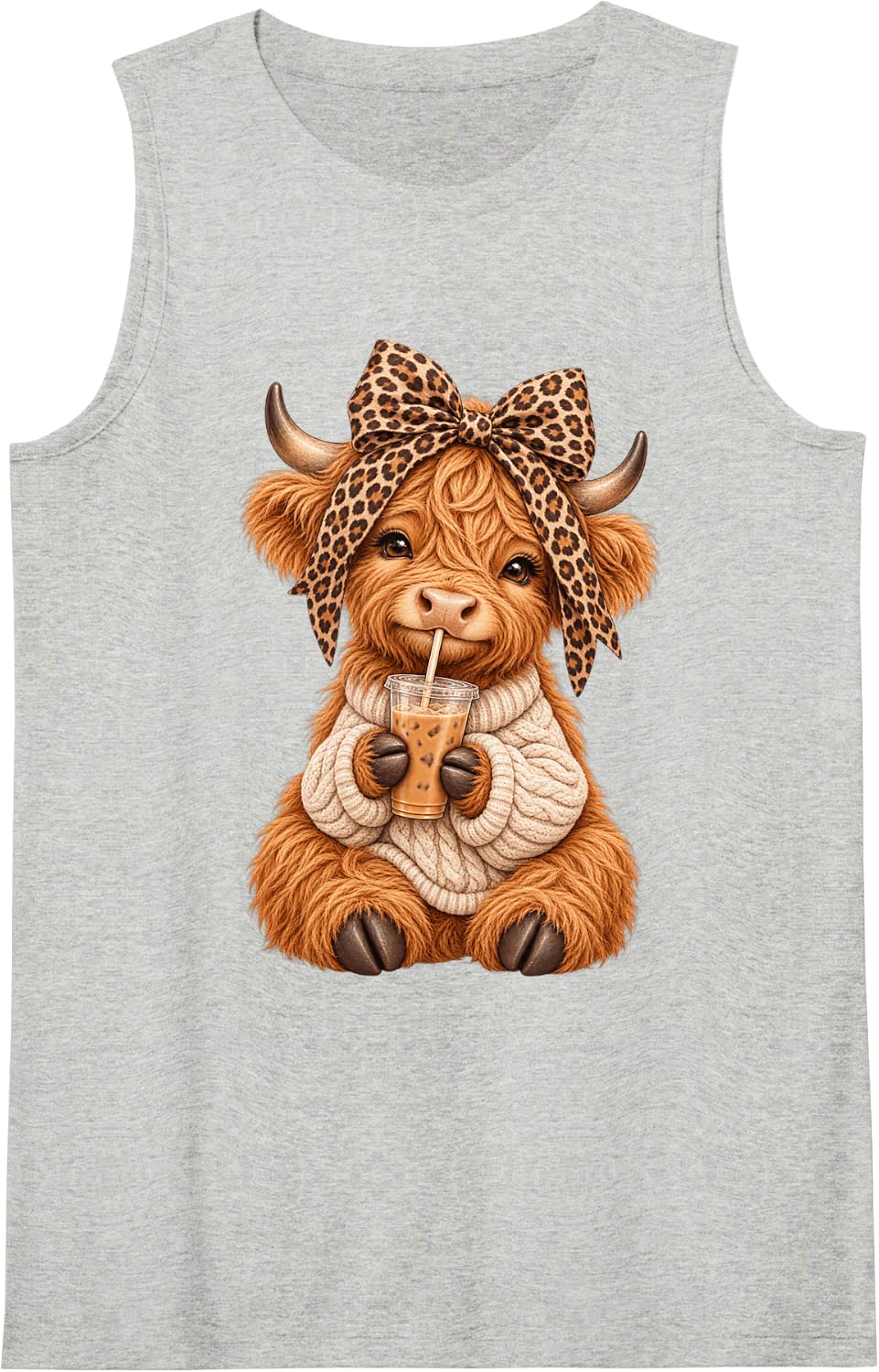 Funnny Highland Cow Iced Coffee Leopard Bow Cute Cowgirl Sleeveless Tank Top - Heather Grey