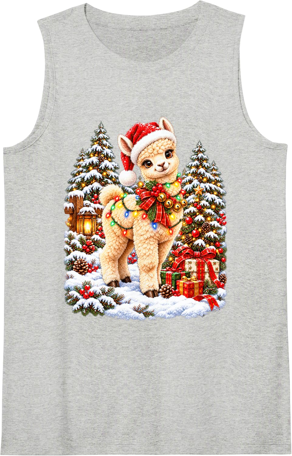 Adorable Alpaca Christmas Santa Snow Scene Sleeveless Tank Top - Heather Grey