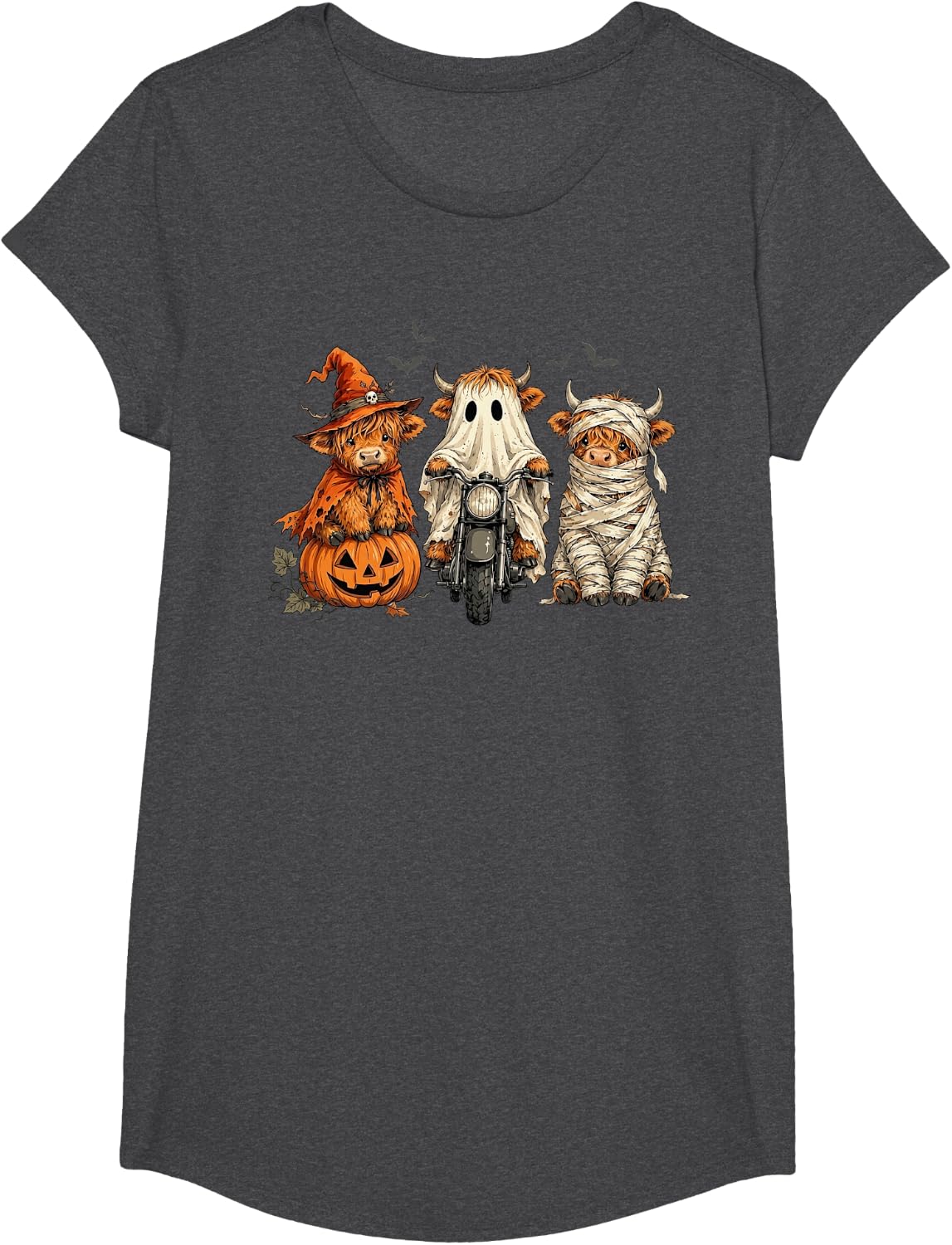 Highland Cow Halloween Fall Pumpkin Spooky Funny T-Shirt - Girls Dark Heather Grey
