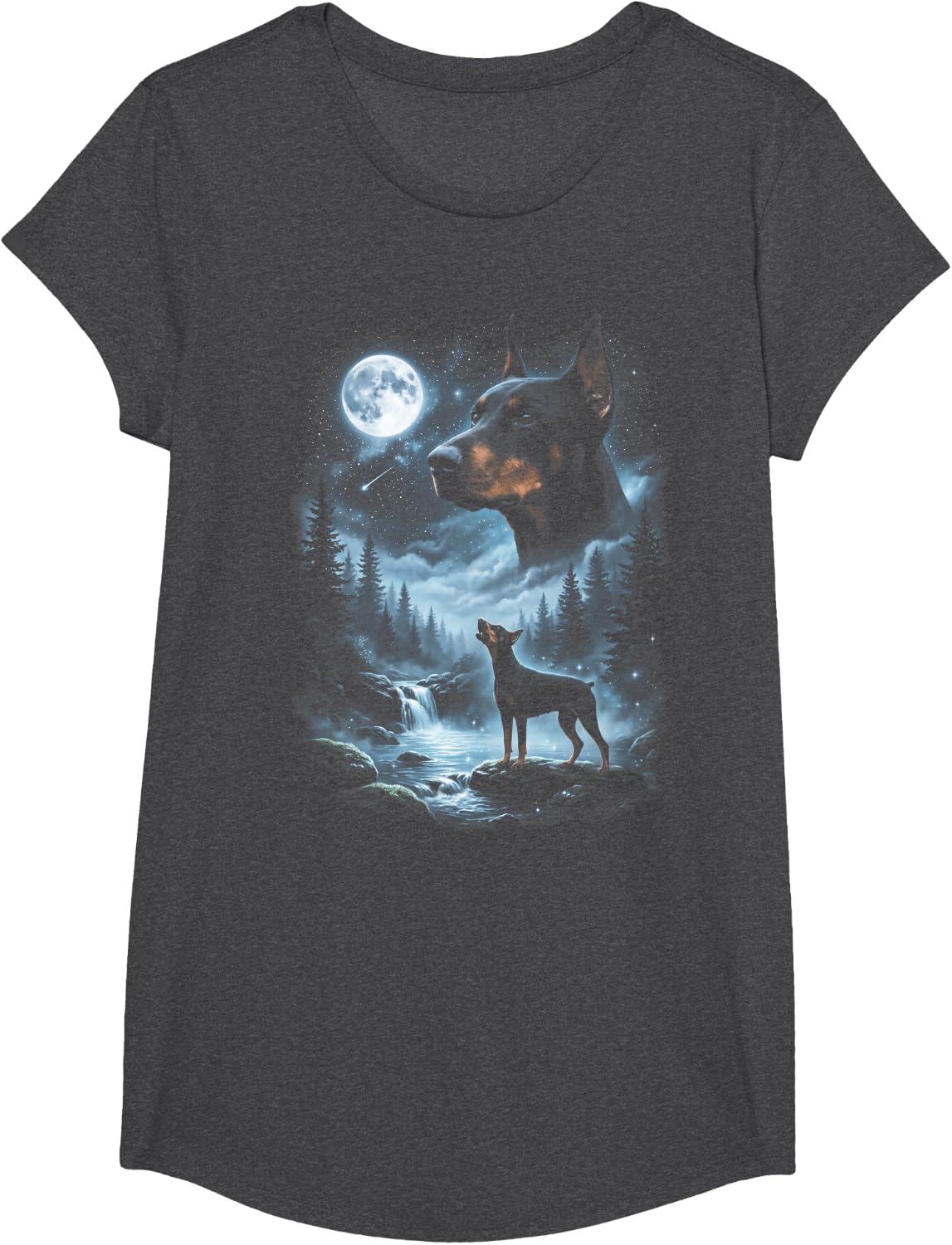 Doberman Pinscher Howling to the Moon Retro 90's Dobie Dog T-Shirt - Girls Dark Heather Grey
