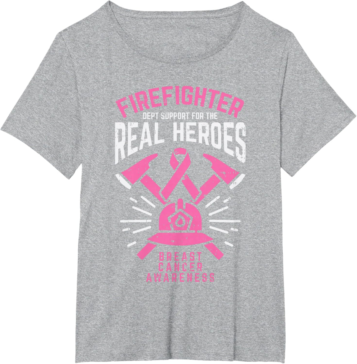 Firefighter Support Real Heroes Breast Cancer Awareness Gift T-Shirt - Heather Grey