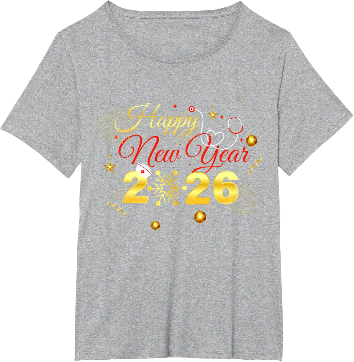 Happy New Year 2026 Fireworks Nurse Stethoscope NYE Party T-Shirt - Heather Grey