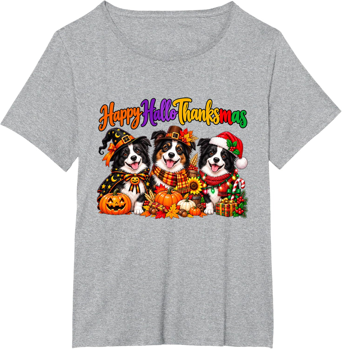 Border Collie Happy Hallothanksmas Halloween Thanksgiving T-Shirt - Heather Grey